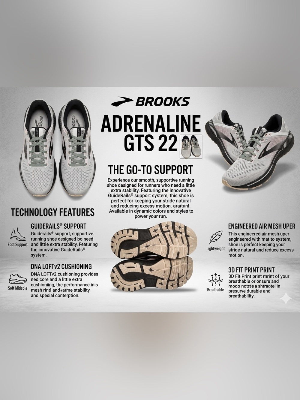 Brooks Adrenaline GTS 22 Running Shoes - Light Gray, Black & Tan